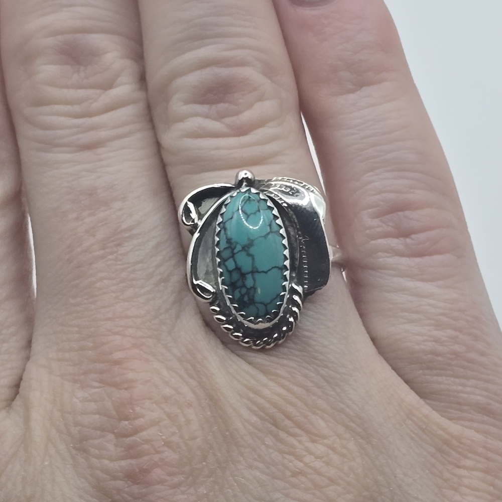Navajo Ring 925 Silver Spiderweb Turquoise Artist Signed Calvin Tom